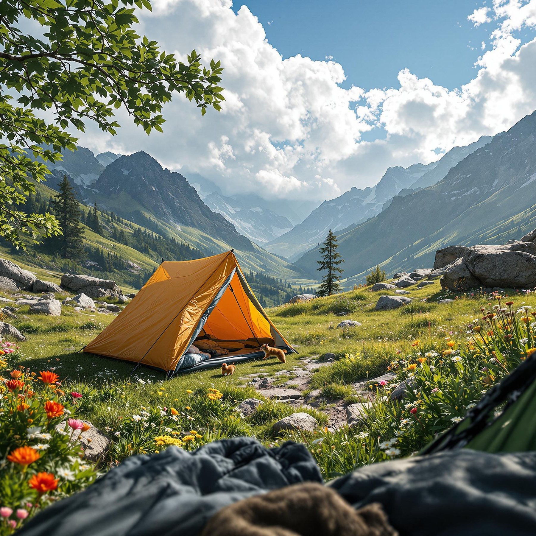 A bright orange tent sits in a sunny meadow filled with colorful wildflowers, nestled among tall, majestic mountains. The air feels fresh and the sky is painted with fluffy clouds. It’s the perfect spot for a cozy, peaceful adventure in the great outdoors.