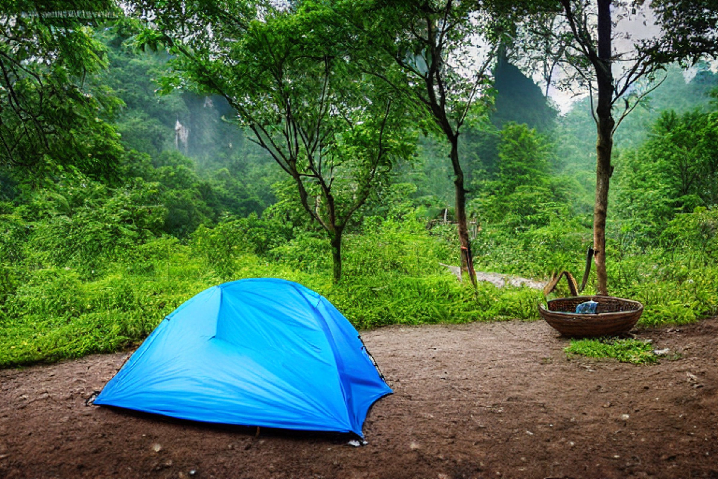 A blue tent rests on a paved campsite in Zhangjiajie, surrounded by tall bushes and stone gravel. A hammock hangs between the trees, while a small lantern glows nearby. Stormy sunrise clouds add a wild, peaceful mood.