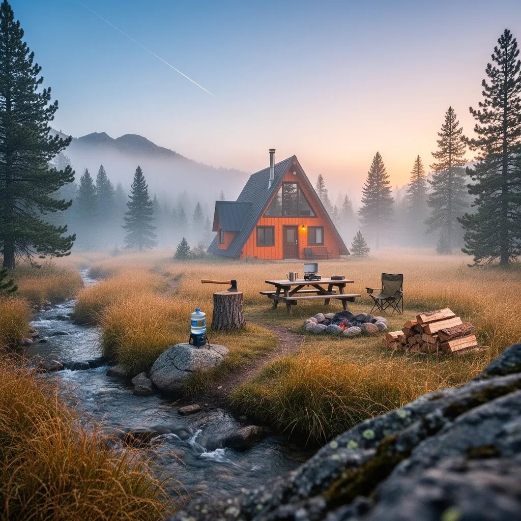 A small orange cabin glows in a foggy mountain meadow at sunrise. Golden grass waves around a quiet campsite with a picnic table and a neat ring of stones for the fire. A stream winds gently past a rock where a little water filter waits. High above, the faint line of the space station slips across the pale blue sky.