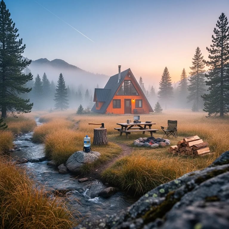 A small orange cabin glows in a foggy mountain meadow at sunrise. Golden grass waves around a quiet campsite with a picnic table and a neat ring of stones for the fire. A stream winds gently past a rock where a little water filter waits. High above, the faint line of the space station slips across the pale blue sky.