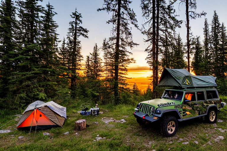 A green camo Jeep with an open rooftop tent rests at a peaceful campsite beneath tall trees. A warm campfire glows on the dirt, with logs, stones, and a lantern nearby. The clear sunset sky adds a calm, golden feel.