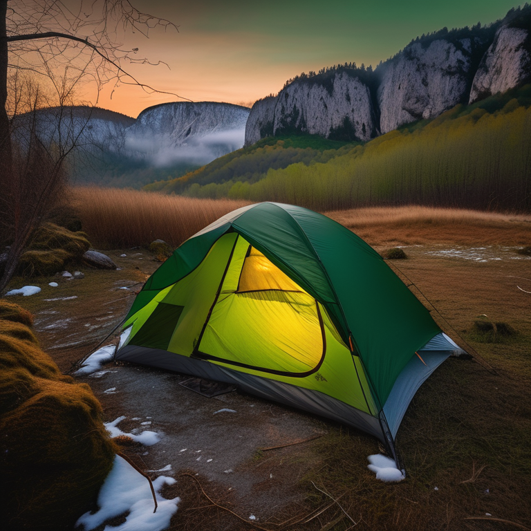 A green tent rests on a small dirt patch in Plitvice Lakes National Park. Snowy grass, mossy boulders, and a large log surround the campsite as hikers enjoy the soft sunset light.