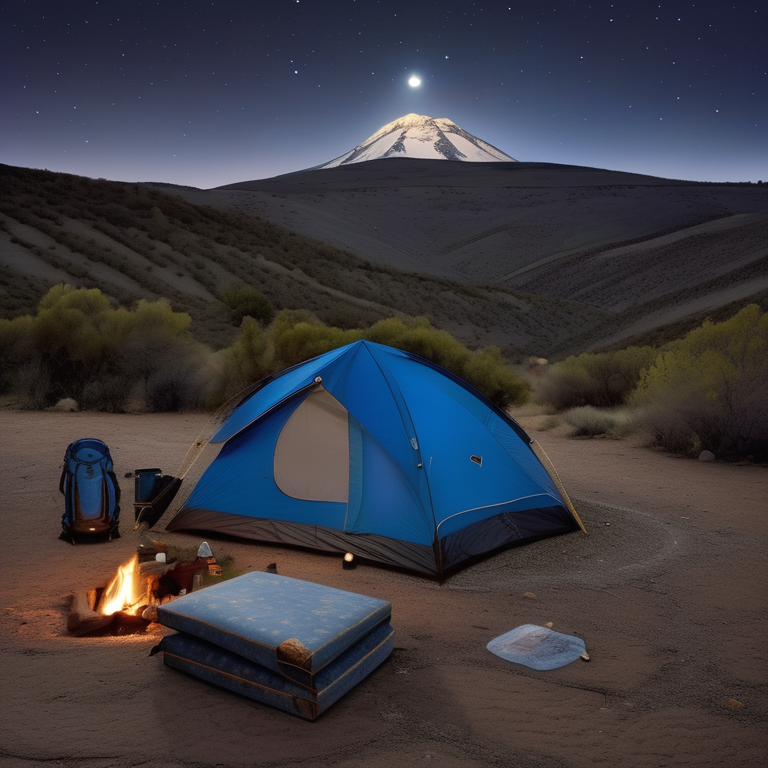 A blue tent rests on a paved campsite high on a mountain under a starry, cloudy sky. A distant moon glows above, while a deer stands quietly in the distance. Camping gear and stones surround a small patch of dirt.