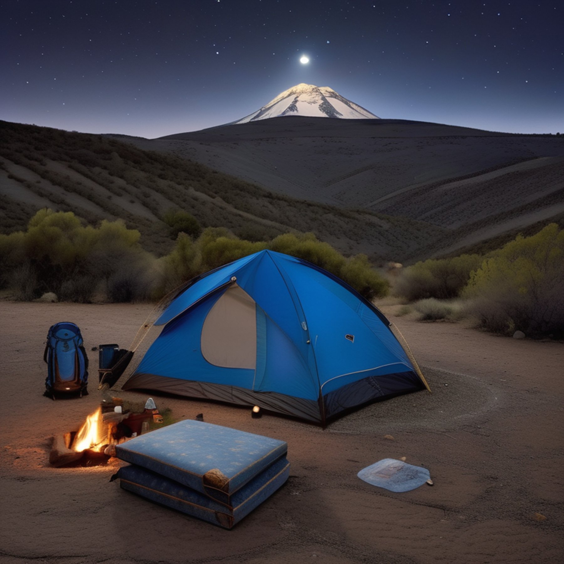 A blue tent rests on a paved campsite high on a mountain under a starry, cloudy sky. A distant moon glows above, while a deer stands quietly in the distance. Camping gear and stones surround a small patch of dirt.