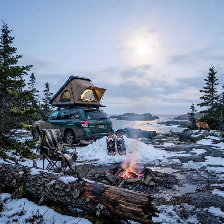 A quiet campsite rests among mossy spruce trees and rocky ground, with snow beside the dying fire. A rooftop tent sits open on a green-and-tan car, while a red fox watches from the trees. Soft moonlight reveals stars above the peaceful winter scene.