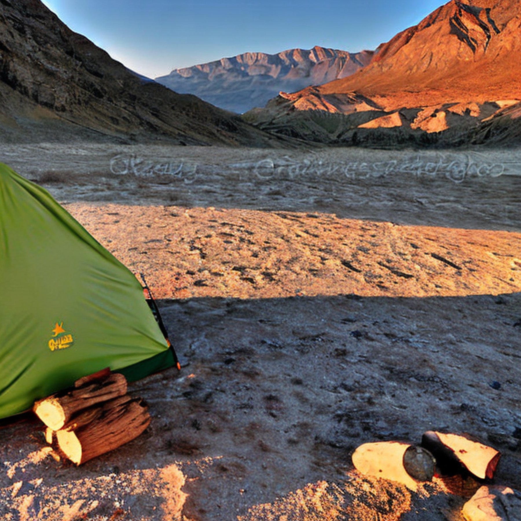 A green tent rests on a quiet campsite in Death Valley as the sun sets. A warm campfire glows among the stones, with a lantern nearby and dry leaves scattered on the ground.