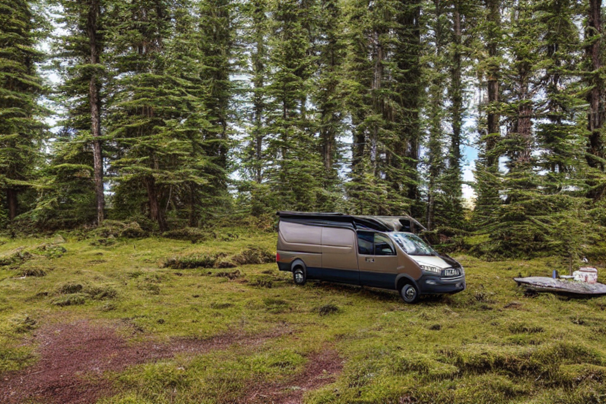 A cozy brown van rests at a quiet campsite beneath glowing green northern lights. Mossy trees, rocky ground, and small wildflowers surround the dirt clearing, creating a peaceful nighttime scene.