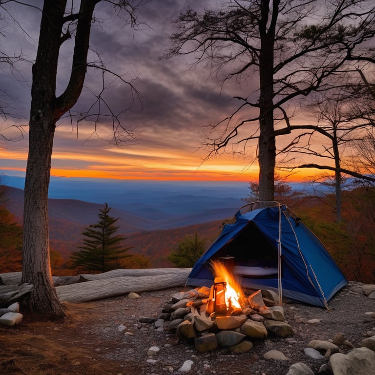 A navy-blue lean-to shelter rests on a rocky patch in Shenandoah National Park. A campfire, lantern, chair, and mug create a cozy spot as the wind moves through the trees. Far away, snowy peaks glow in the sunset.
