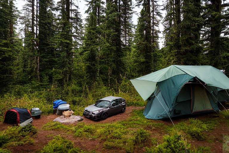 A Subaru with a rooftop tent rests in a quiet dirt campsite on Vancouver Island. Ferns, camping chairs, and a wooden guitar surround a warm campfire and a large log. Cloudy skies create a peaceful, cozy mood.