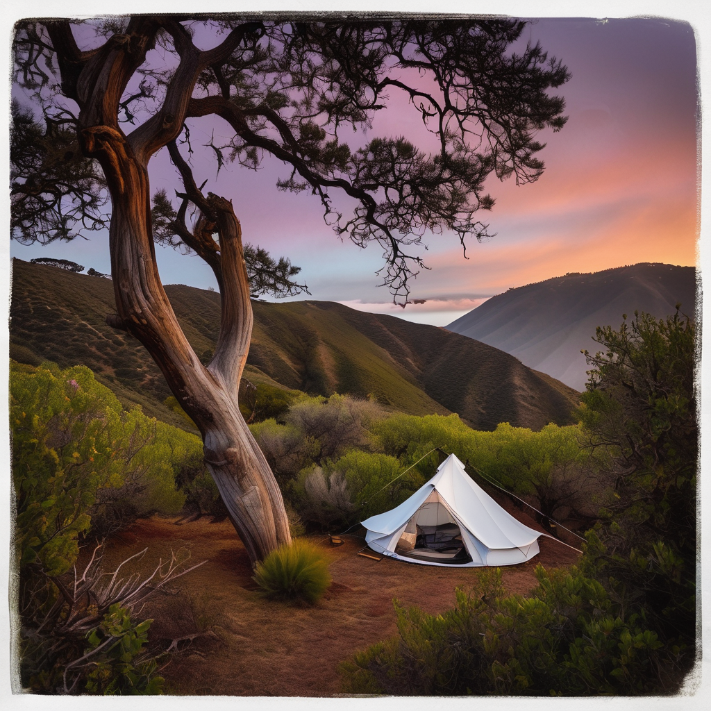 A cozy white tent rests among thick bushes in Big Sur as rain falls at sunset. A hammock hangs between the trees, with a bicycle and fishing rod nearby. Soft northern lights glow above the dreamy campsite.
