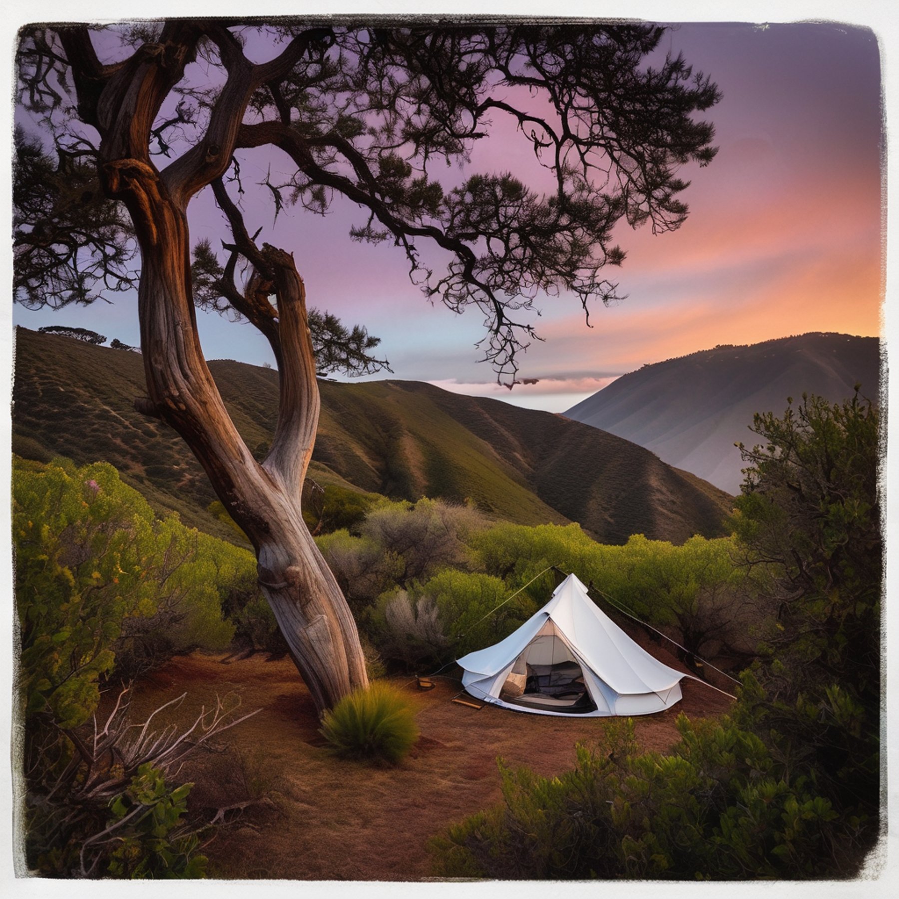 A cozy white tent rests among thick bushes in Big Sur as rain falls at sunset. A hammock hangs between the trees, with a bicycle and fishing rod nearby. Soft northern lights glow above the dreamy campsite.