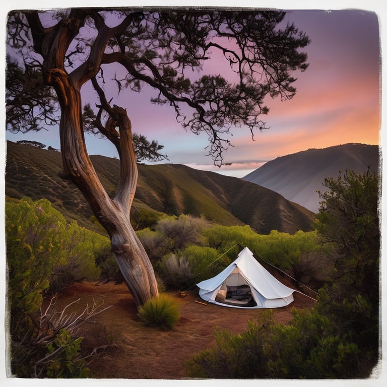 A cozy white tent rests among thick bushes in Big Sur as rain falls at sunset. A hammock hangs between the trees, with a bicycle and fishing rod nearby. Soft northern lights glow above the dreamy campsite.