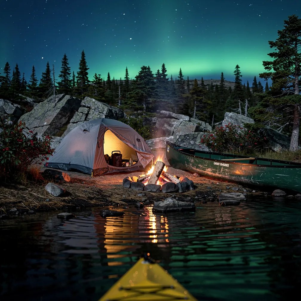 A quiet tent glows on a rocky lakeshore beside a dark pine forest. A small campfire crackles, sending a thin ribbon of smoke into the cold night air. The lake is calm, with a canoe pulled up near the shore and stars shining above. Far away, a faint green aurora hangs on the horizon.