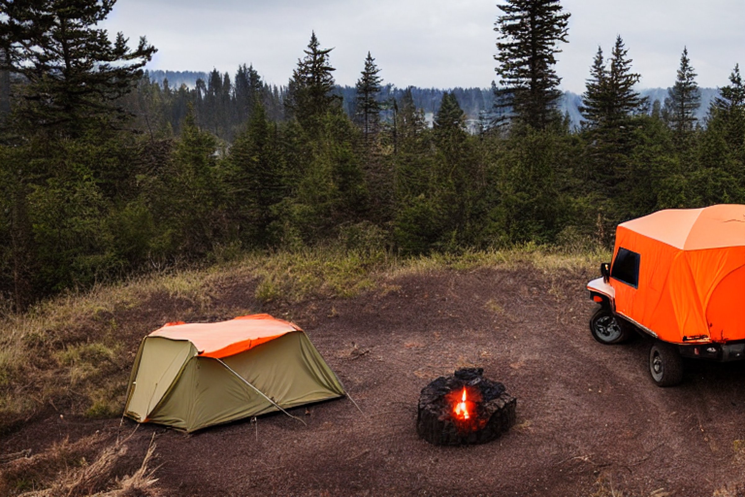 An orange Jeep with a rooftop tent rests at a quiet coastal campsite on a rainy night. A warm campfire glows beside a large log, while bushes and rolling hills surround the muddy clearing.