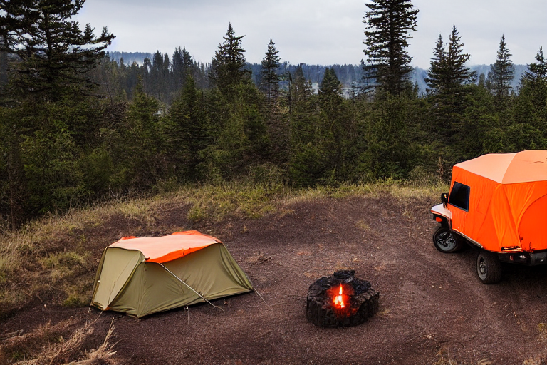 An orange Jeep with a rooftop tent rests at a quiet coastal campsite on a rainy night. A warm campfire glows beside a large log, while bushes and rolling hills surround the muddy clearing.