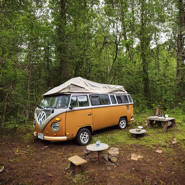 A tan camper van rests at a quiet mountain campsite beneath a star-filled, cloudy sky. A small stream winds through the dirt clearing, while a campfire glows beside the picnic table. A lantern adds a warm touch to the peaceful night.