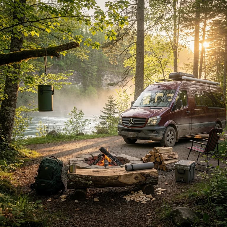 A soft spring sunrise glows through tall forest trees, with mist hanging in the distance and dew sparkling on the grass. A burgundy camper van rests in a quiet clearing beside a curving dirt path. A stone fire ring still holds warm embers, with stacked logs and a big cut log for a seat. A bear-safe food bag hangs high from a strong branch, ready for the day’s hike.