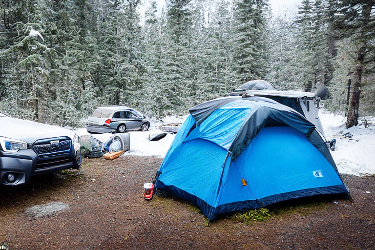 Snow falls softly around a gray and blue Subaru with a cozy rooftop tent. Mossy trees surround the paved campsite, where chairs and a log fire create a warm, peaceful spot. Far away, a small flashlight glows through the snowy woods.