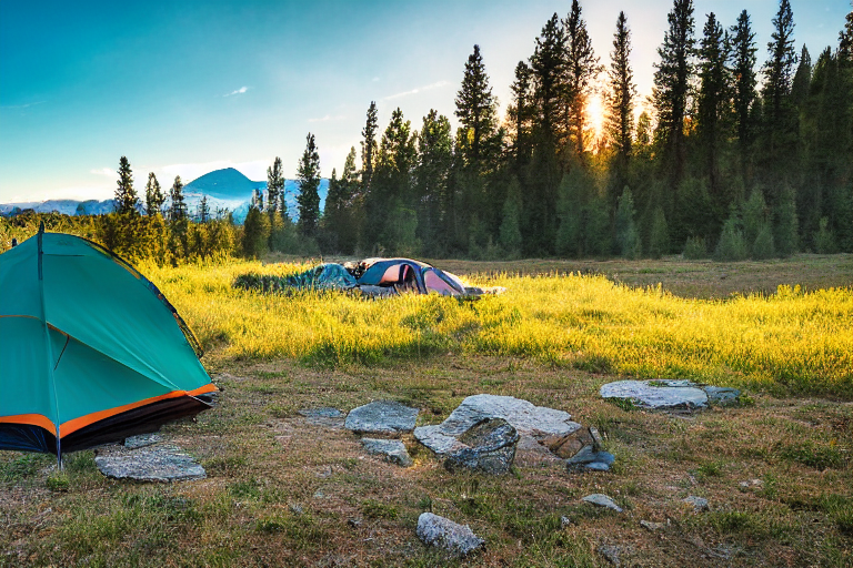 A bright teal tent rests beside a warm campfire as the sun rises over Montana’s rolling hills. Gravel patches and a winding dirt path add a rugged touch to the peaceful campsite.
