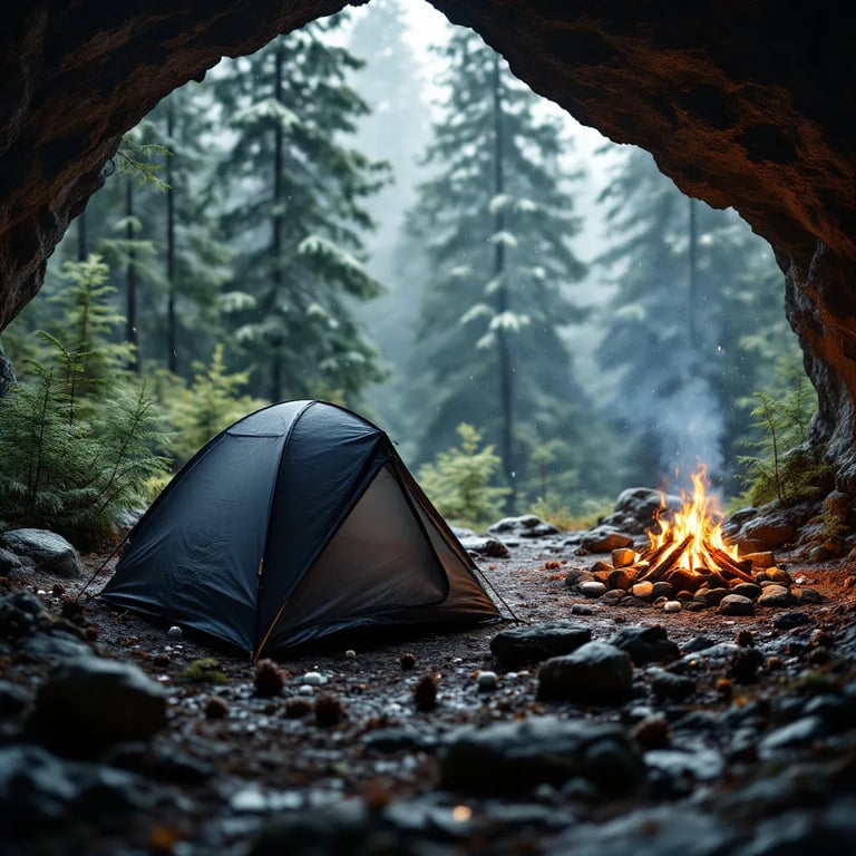 A dark gray tent rests among ferns and pine cones in a quiet Washington forest. From the cave entrance, you can see a warm campfire with marshmallows roasting as sleet falls softly around the small trees.