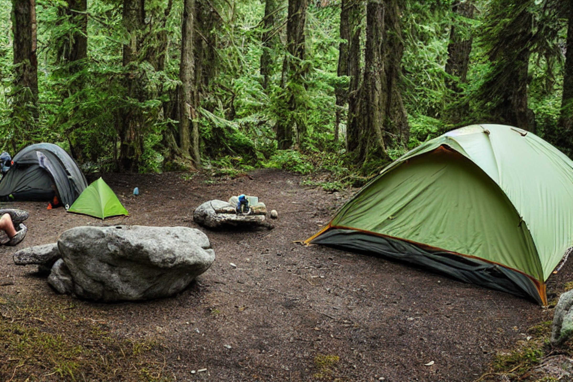 A green and tan tent rests on a dirt clearing on Vancouver Island. A warm campfire glows beside a large rock, while ferns and fallen leaves cover the ground. Soft fog drifts through the dark, peaceful forest.