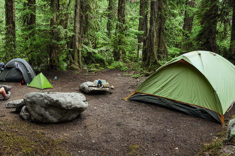 A green and tan tent rests on a dirt clearing on Vancouver Island. A warm campfire glows beside a large rock, while ferns and fallen leaves cover the ground. Soft fog drifts through the dark, peaceful forest.