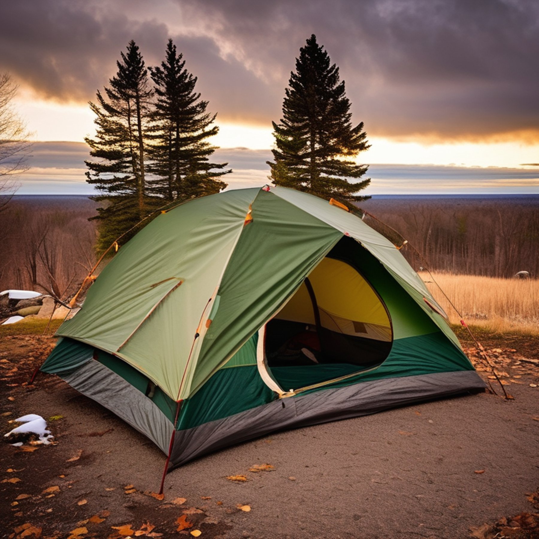 A green and tan tent rests on a quiet paved campsite along Minnesota’s North Shore. Snow falls softly around the leafy ground as the sunset warms the sky. A camping lantern, large rock, and small twig add cozy details.