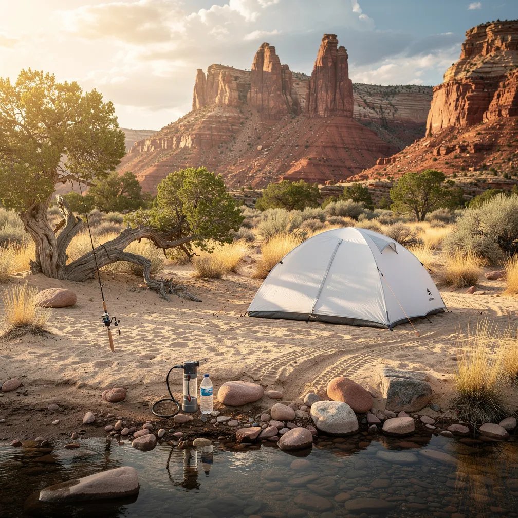 A white inflatable tent sits on warm sand beside a tiny stream, surrounded by red sandstone fins and desert scrub. Golden late-day sunlight makes the rocks glow and the air feel hot and hazy. A fishing rod rests by a twisted juniper, with water bottles and a small filter waiting at the water’s edge. Smooth stones and dry grasses scatter across the quiet wash.