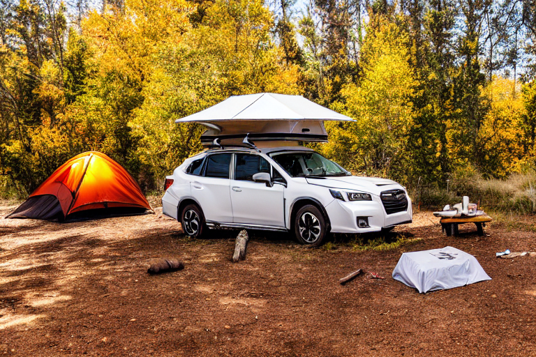 A white Subaru with a rooftop tent rests beside a warm campfire in Capitol Reef National Park. Fall-colored trees glow under a clear night sky, with a picnic table and dirt campsite nearby. A distant camper’s flashlight adds a small spark of life to the peaceful scene.