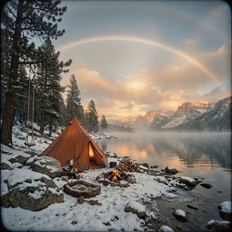A cozy orange tent rests in a snowy pine clearing beside a quiet mountain lake. A campfire ring, stacked wood, and a rope swing add charm to the peaceful site. Warm sunset light glows through the falling snow, with a pale fogbow over the water.