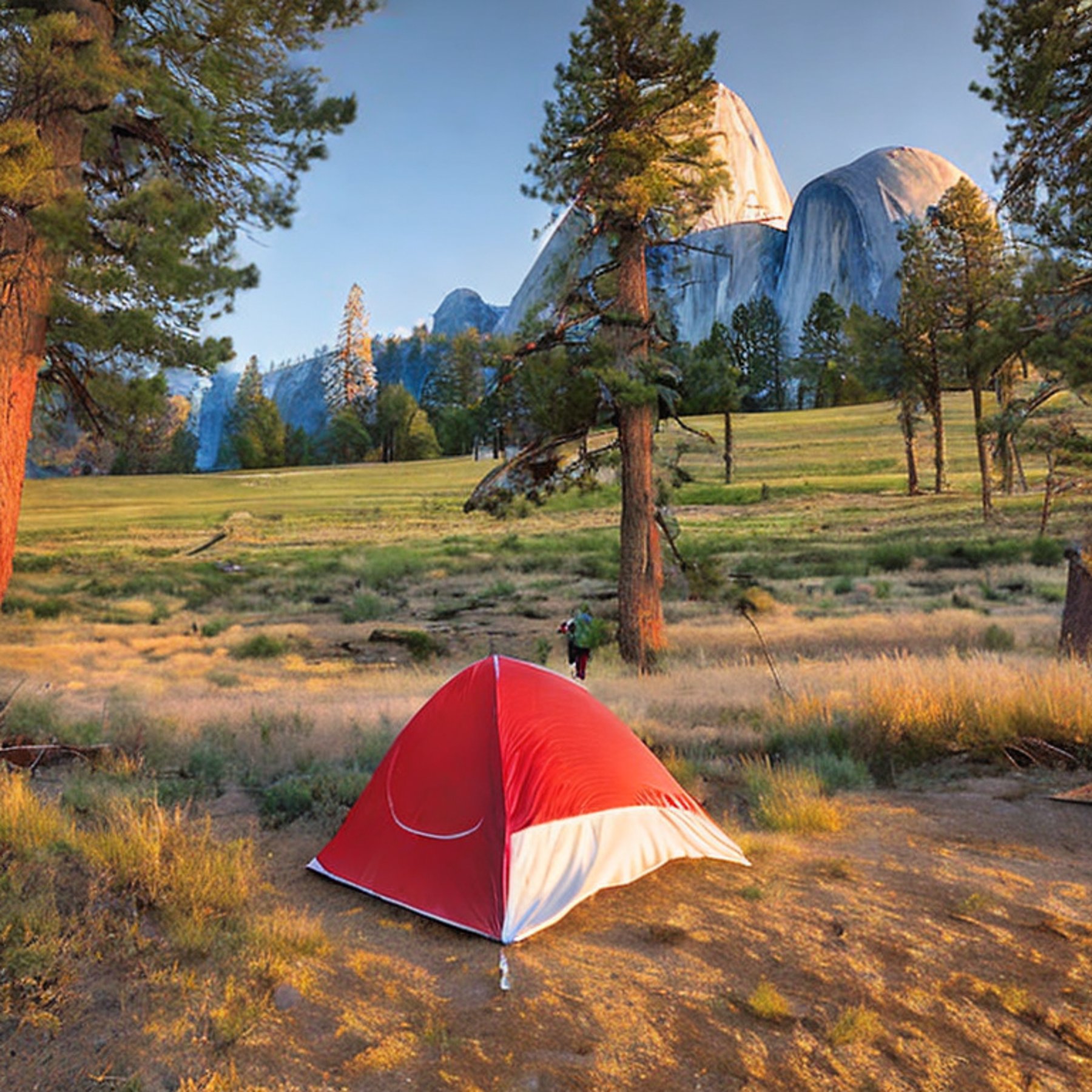 A red and white tent rests on a sunny dirt campsite in Yosemite National Park. Tall grass and small trees surround the camp, while hikers enjoy the fresh morning air. A backpack sits nearby under the bright sunrise sky.