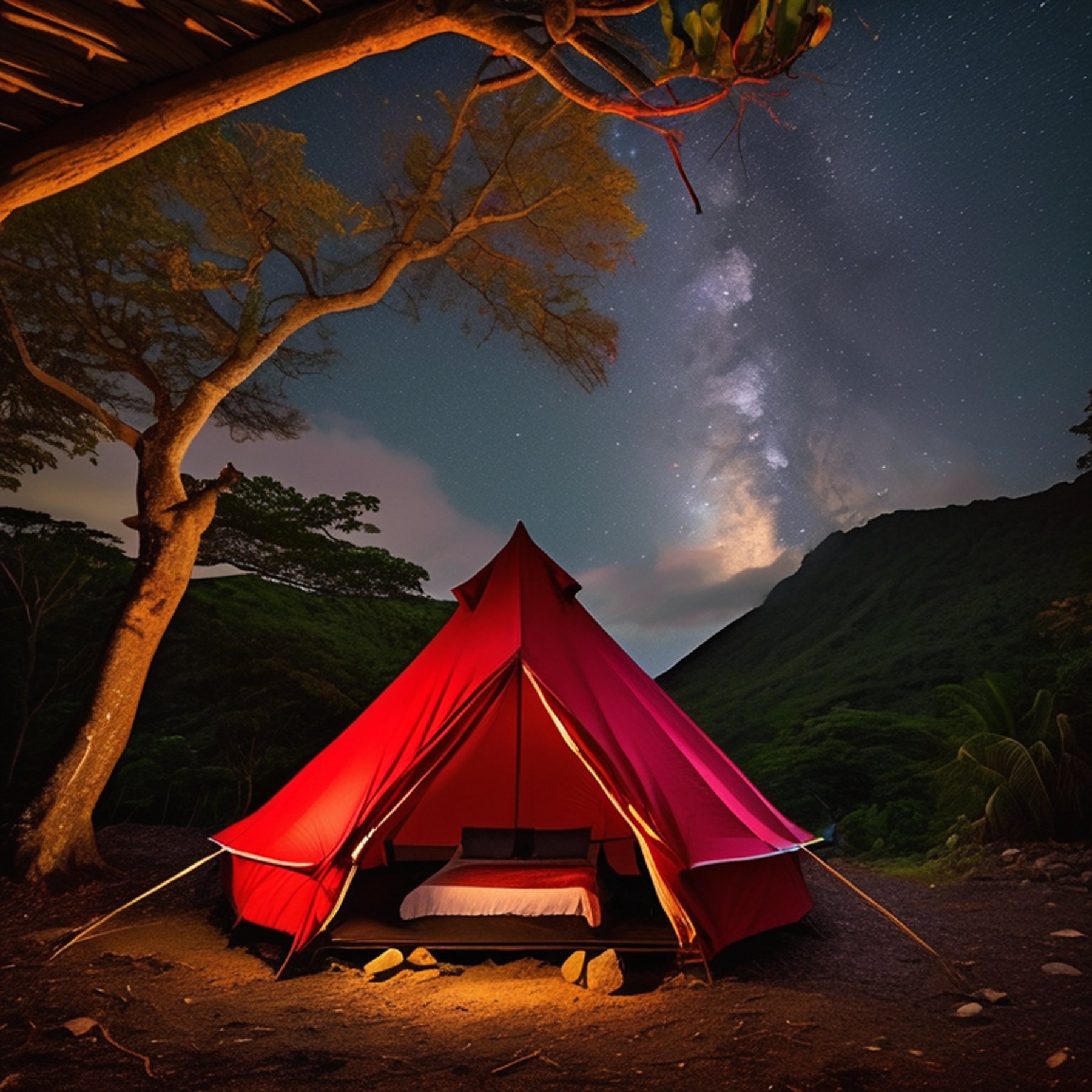 A red tent rests on a quiet dirt campsite beneath tall, colorful trees. A warm campfire glows among the stones, with a backpack nearby. Above, stars peek through the cloudy night sky.