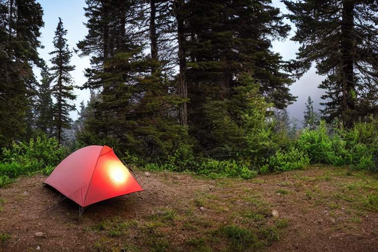 A cozy tent rests on a rainy campsite beneath glowing northern lights. A guitar lies nearby, while a hammock hangs between trees beside berry-covered bushes. Dark mountains rise in the distance.