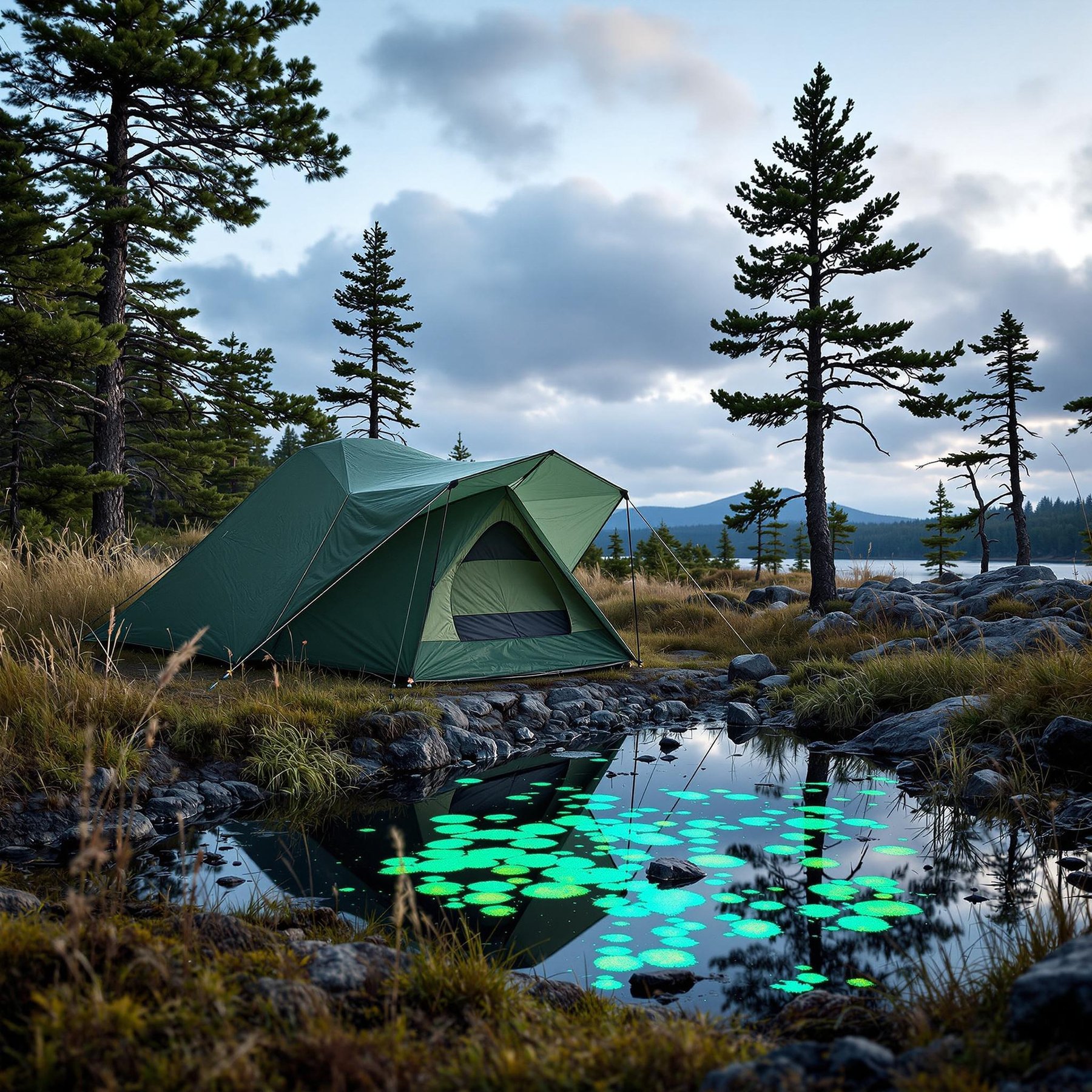 A green truck-bed tent rests among tall grass and rocky ground in Acadia’s quiet forest. Snowy clouds hang overhead, while a nearby pond glows with soft blue algae. Birds nest in a tree above the peaceful campsite.