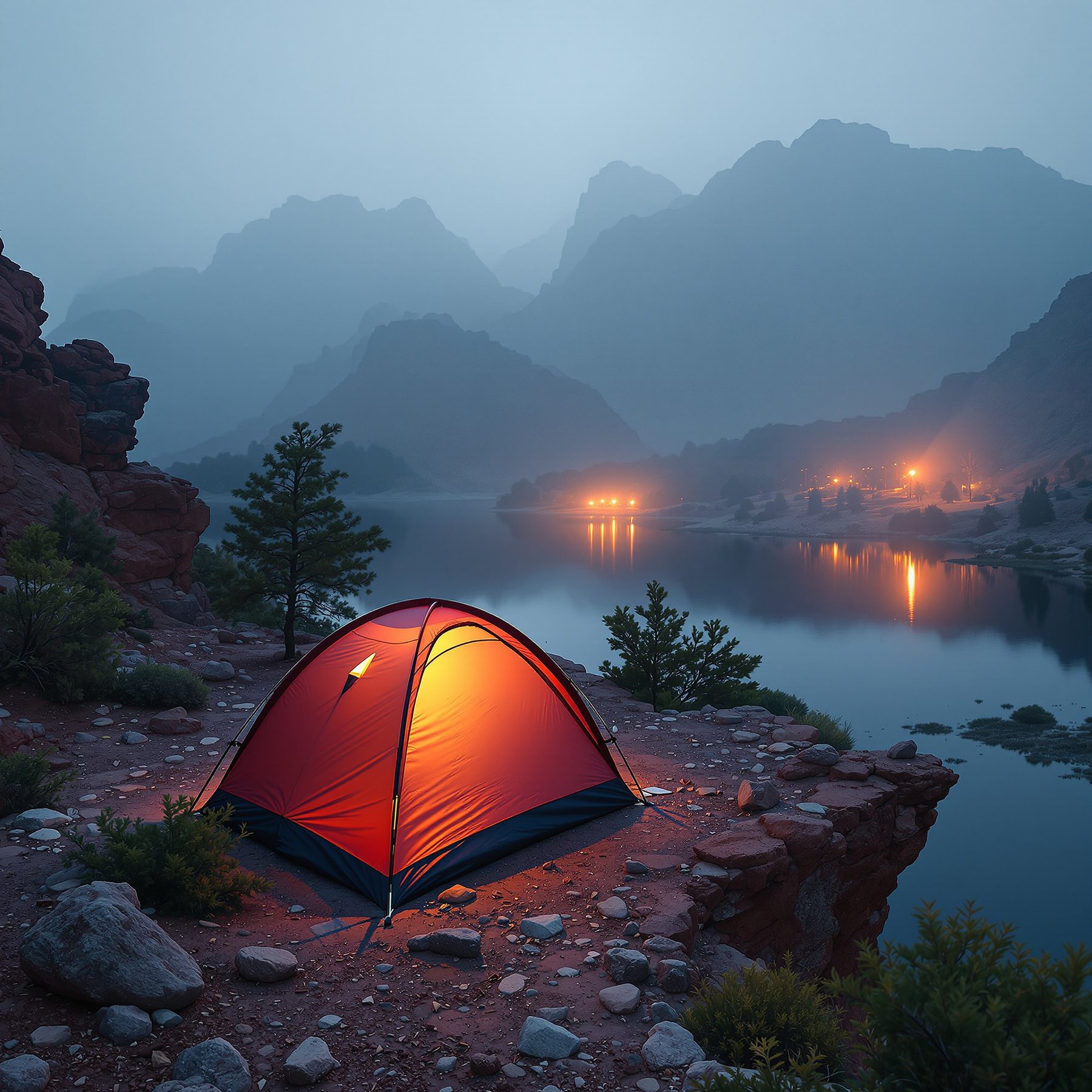 A burgundy tent rests among red rocks on a foggy morning. Small trees and scattered stones surround the quiet campsite, while a soft light glows inside the tent. A nearby lake reflects the misty canyon.