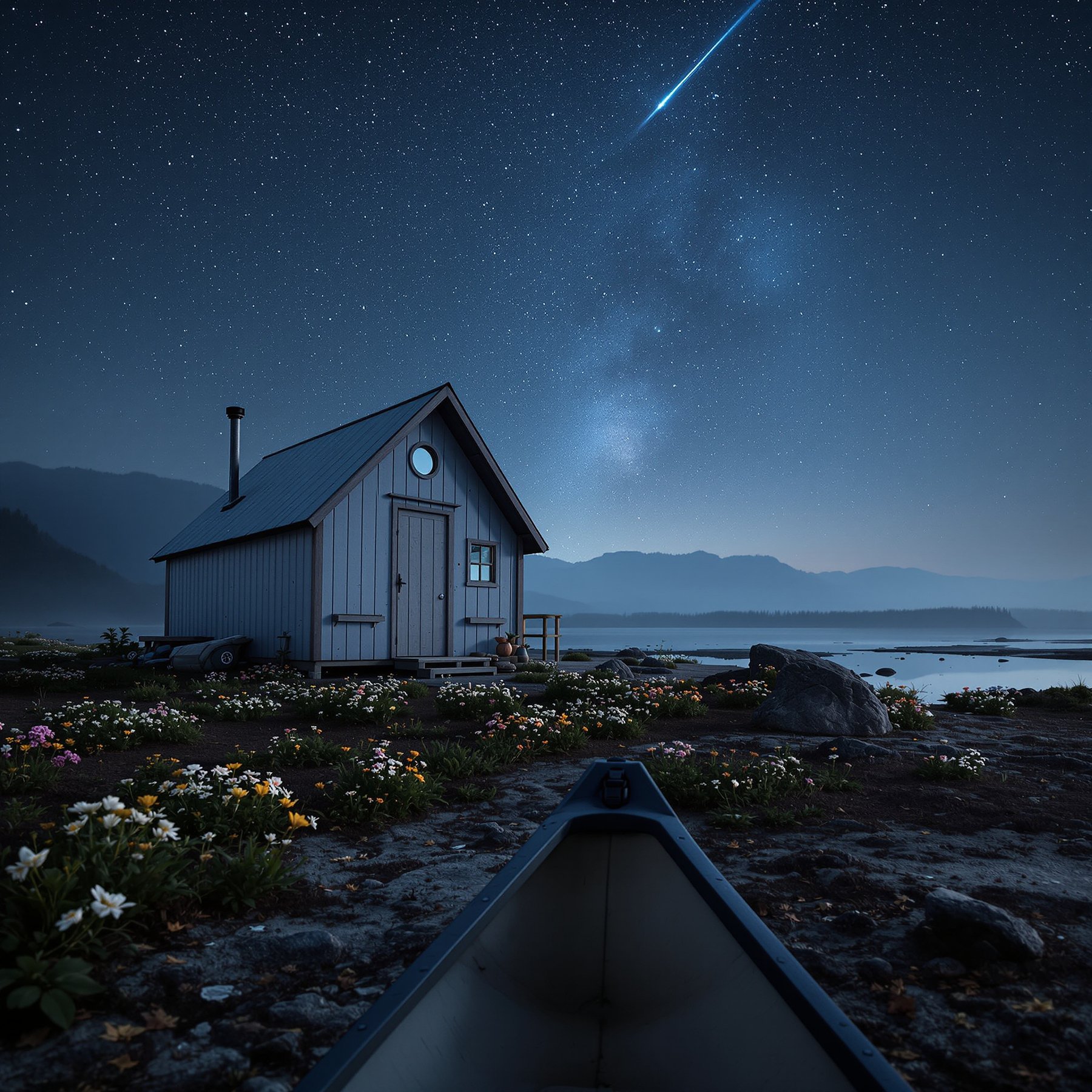 A small cabin sits by a calm lake, surrounded by wildflowers and mountains. The night sky sparkles with stars and a bright shooting star. It feels peaceful and magical, perfect for a night under the stars.