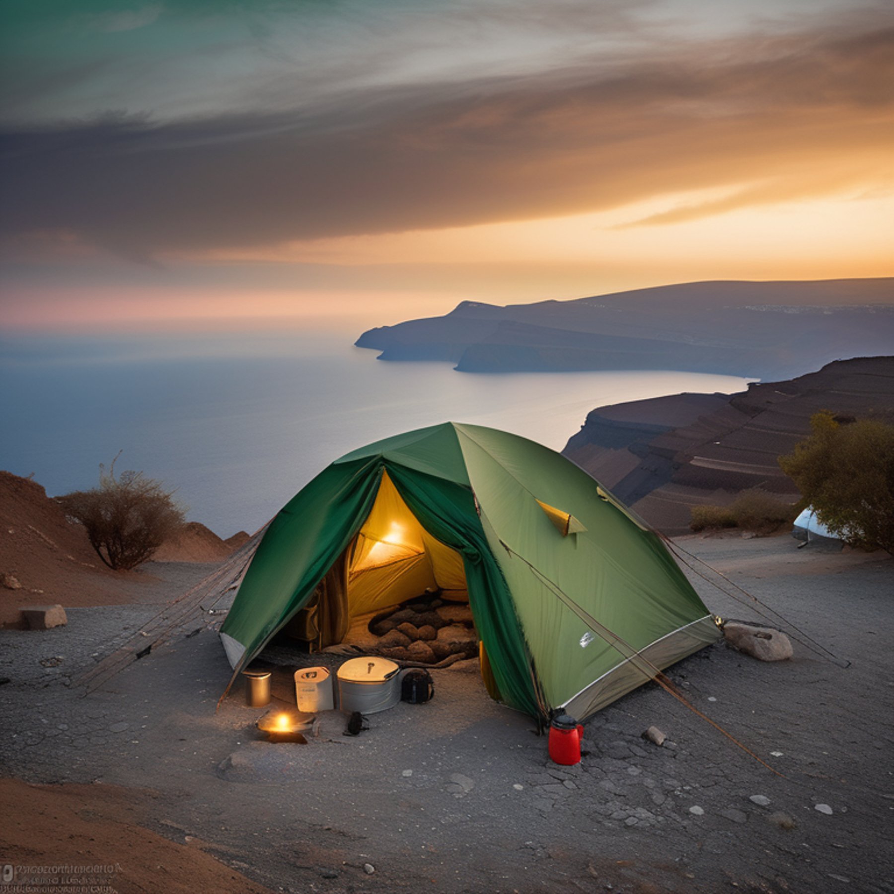 A green tent rests on a rocky campsite as soft sunrise light glows through the fog. A person with a flashlight walks in the distance, while a box of camping gear sits nearby.