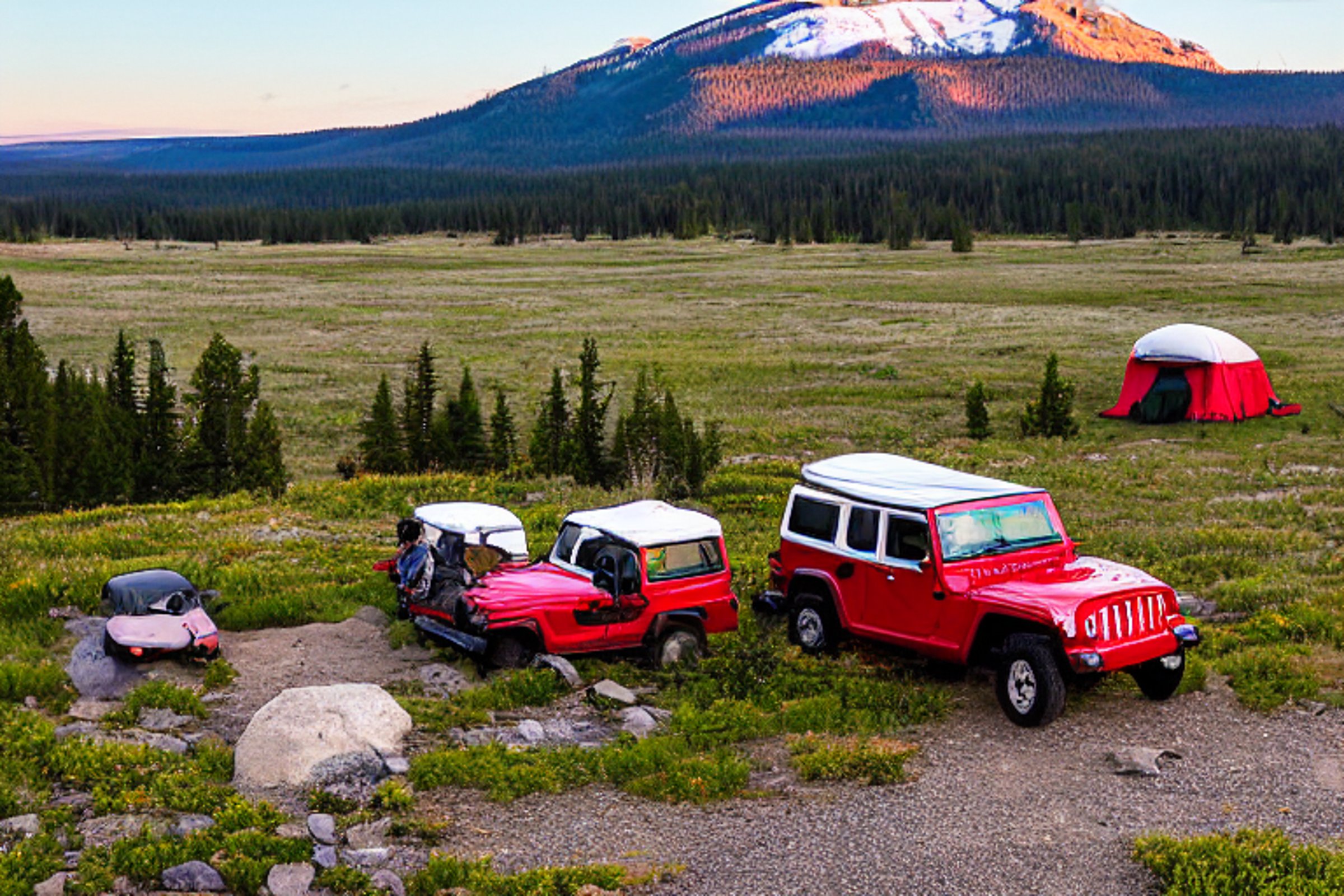 A red-and-white Jeep with a rooftop tent rests at a snowy Yellowstone campsite. A hiking path winds past rocky gravel, while deer stand quietly in the distance. Sunset light gives the scene a calm, adventurous glow.