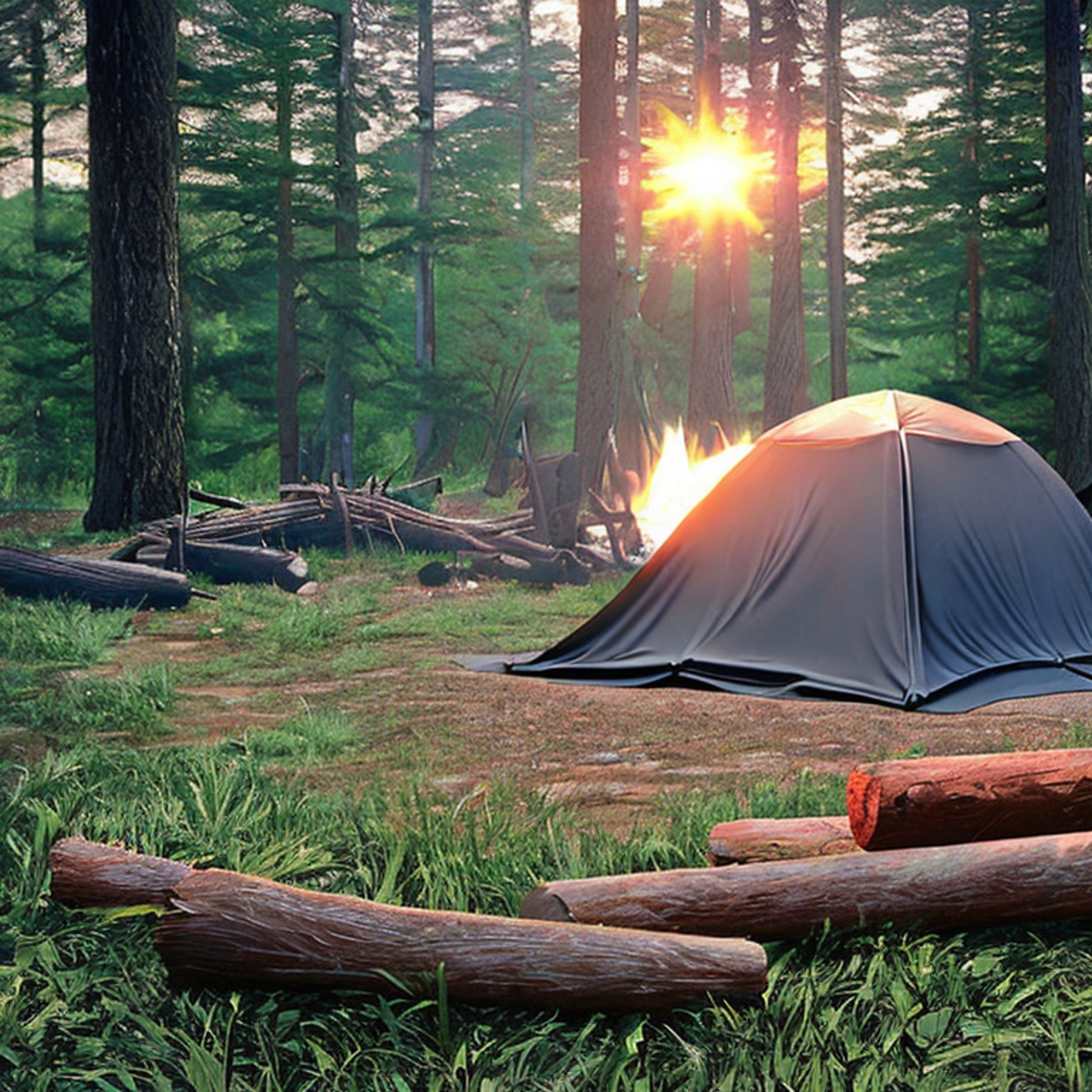 A black tent rests on a rocky campsite in the Smoky Mountains as the sun sets. Ferns grow around the dirt clearing, while a warm campfire glows beside the tent. Inside, a small flashlight adds a cozy light.