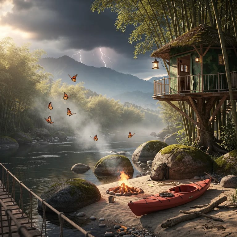 A quiet river winds through a tall bamboo forest, with smooth boulders and a sandy shore. A green camo treehouse platform hides in the bamboo while a small campfire sends thin smoke into the warm air. A kayak rests by the water as monarch butterflies drift past, and storm clouds gather over the hazy mountains in the distance.