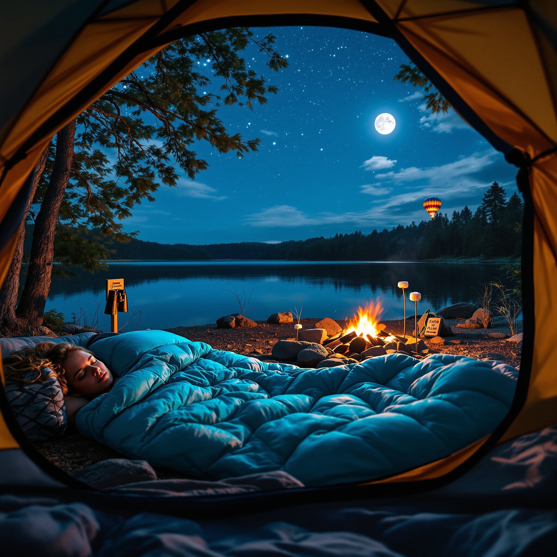 Snuggled in a cozy sleeping bag, you can watch the moon and stars shine over a calm lake. A warm campfire glows nearby, and a hot air balloon floats gently in the night sky. This campsite feels peaceful and magical, perfect for dreaming under the stars.