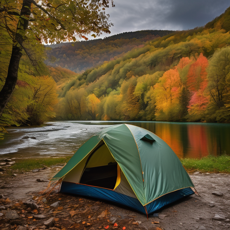 A colorful tent rests on a paved campsite beneath a cloudy night sky in Plitvice Lakes National Park. A small stream winds through the leafy ground, with camping gear nearby and dark mountains rising in the background.