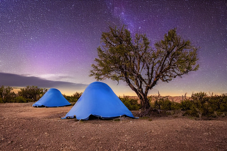 A bright blue tent rests in a quiet New Mexico desert campsite beneath glowing northern lights. Tall trees, a large rock, and a winding hiking path add charm, with a parking spot nearby.