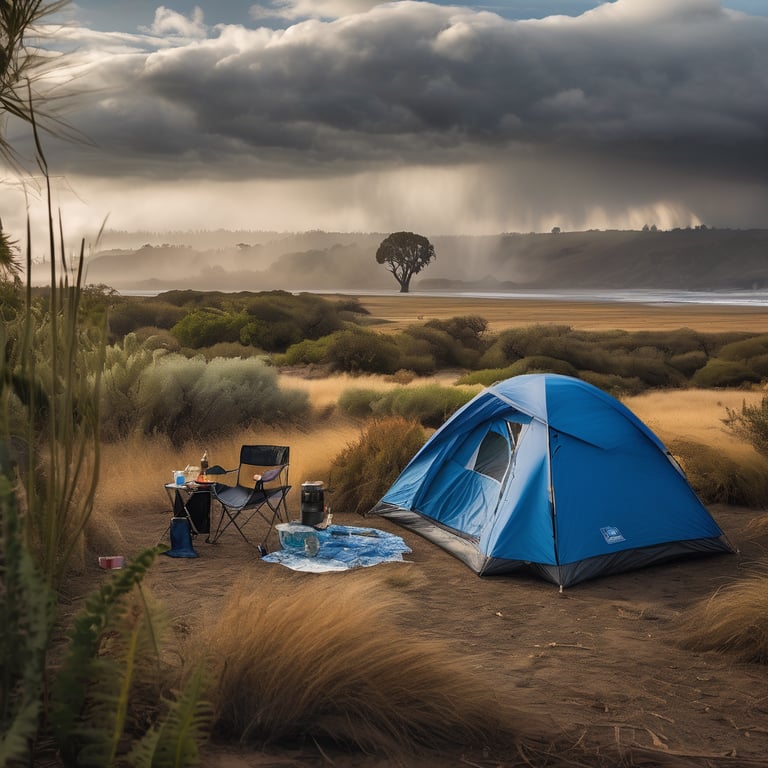 A bright blue tent rests among tall grass and ferns on the California coast. Nearby, a campfire warms a chair and roasting marshmallows as dark storm clouds gather, while a hot air balloon floats in the distance.