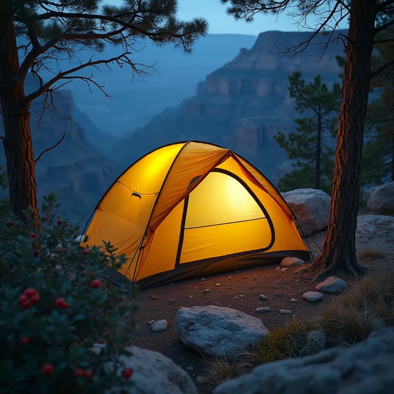A bright yellow tent rests among rough rocks near the Grand Canyon at blue hour. Boulders, berry bushes, and a spider web between the trees add wild charm to the quiet campsite.