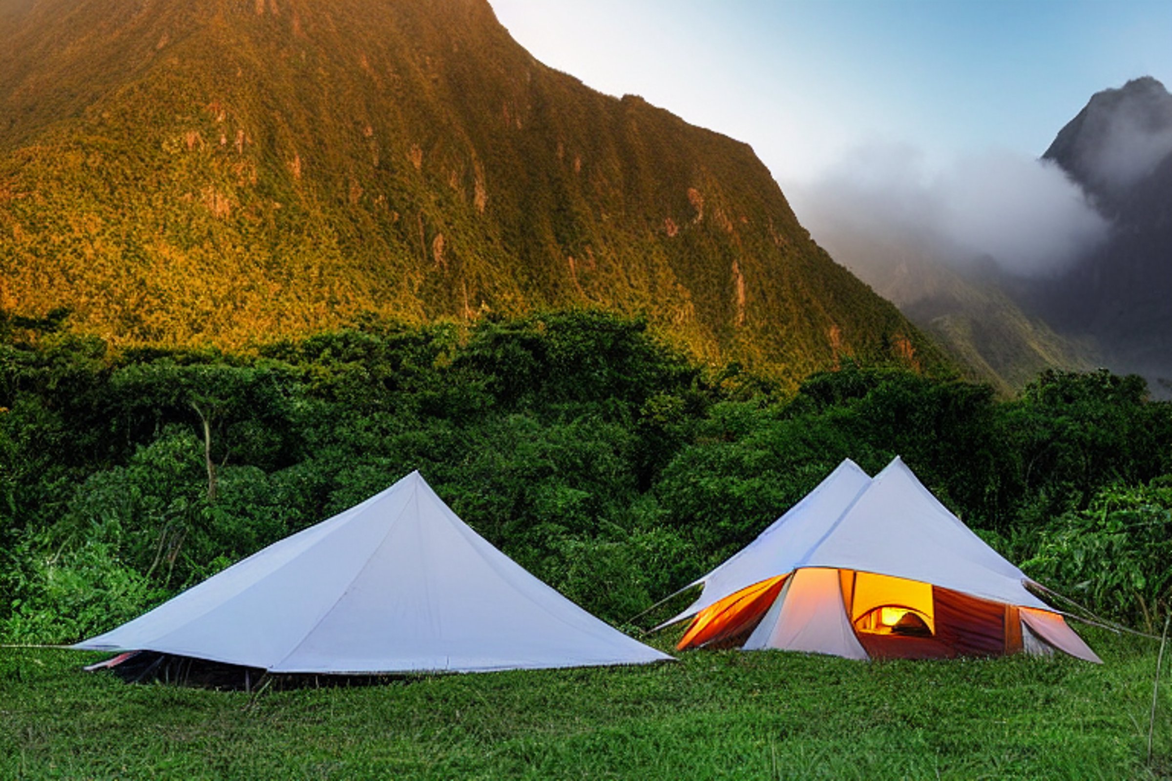 A cozy tent rests beside a glowing campfire in a foggy campsite in Soufrière, St. Lucia. A mountain rises behind the small trees, while gravel patches and a dirt clearing surround the camp.