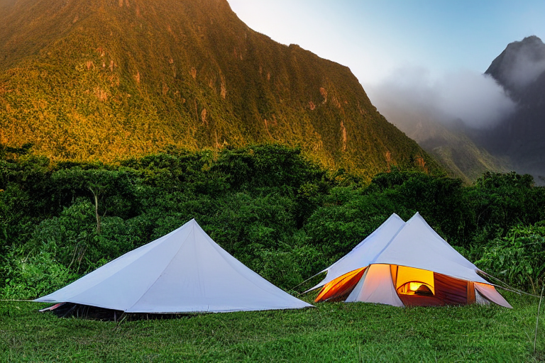 A cozy tent rests beside a glowing campfire in a foggy campsite in Soufrière, St. Lucia. A mountain rises behind the small trees, while gravel patches and a dirt clearing surround the camp.