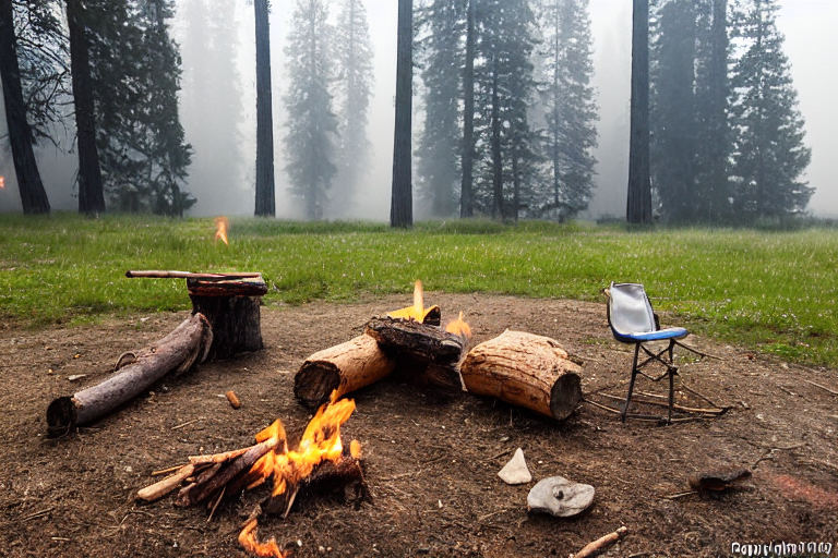 A green tent rests in a quiet Yosemite campsite at sunrise. Fog drifts through the trees as a warm campfire glows on the dirt. A wooden guitar and large log sit nearby among the fallen leaves.