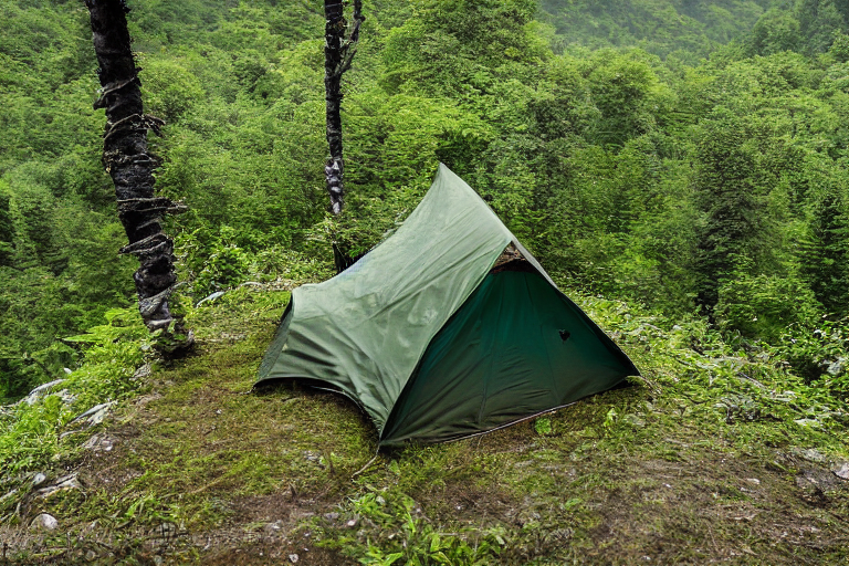 A green camo tent rests on a quiet dirt campsite in a flower-filled mountain valley. Fog drifts through the small trees as the sun sets, casting a warm glow across the leaves and stone slabs. A cozy campfire crackles in a ring of stones nearby.