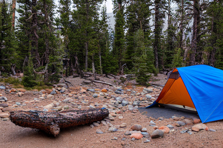 A colorful tent rests beside a crackling campfire in the sandy dunes of Great Sand Dunes National Park. A clear stream winds through the campsite, with smooth stones, a large log, and foggy mountains creating a peaceful scene.